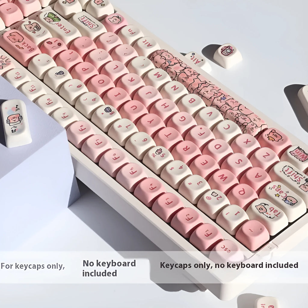 Close-up of a pink PBT key cap featuring a cute sublimated Fragrant Pig design on all sides.