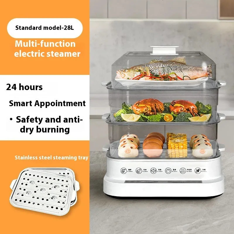 Stainless steel electric steamer appliance with 10+ litre capacity and stainless steel steaming rack