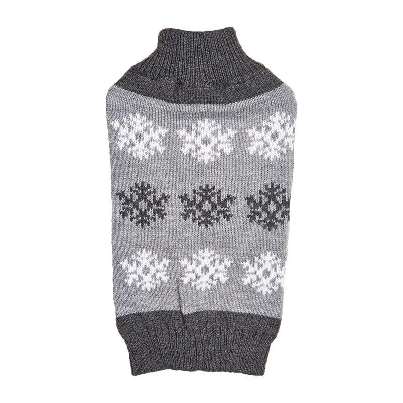 Dark brown and grey dog Christmas sweater with snowflake pattern for winter festive occasions