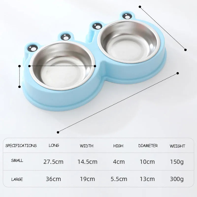 Stainless steel pet bowl with frog decoration and double compartments for food and water separation