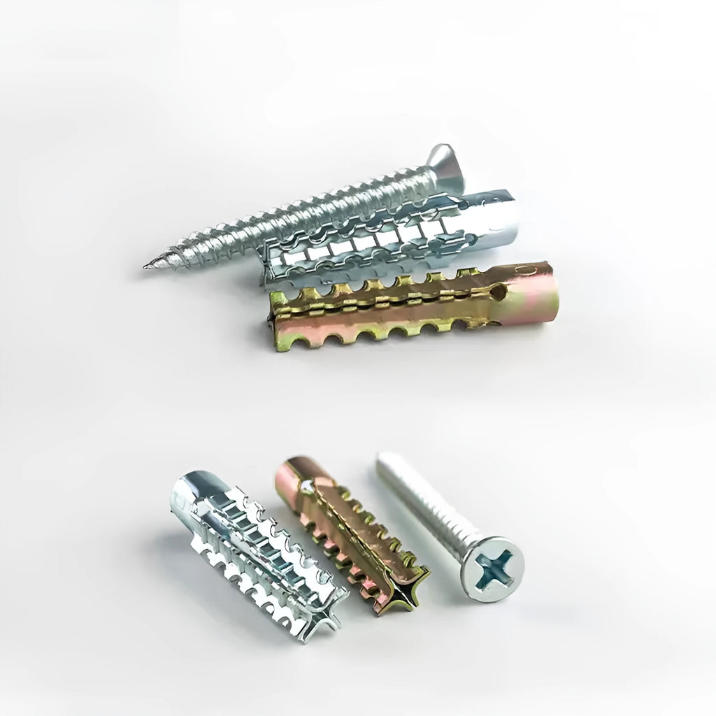Iron barbed serrated metal expansion anchor screws for concrete and brick wall fixings.