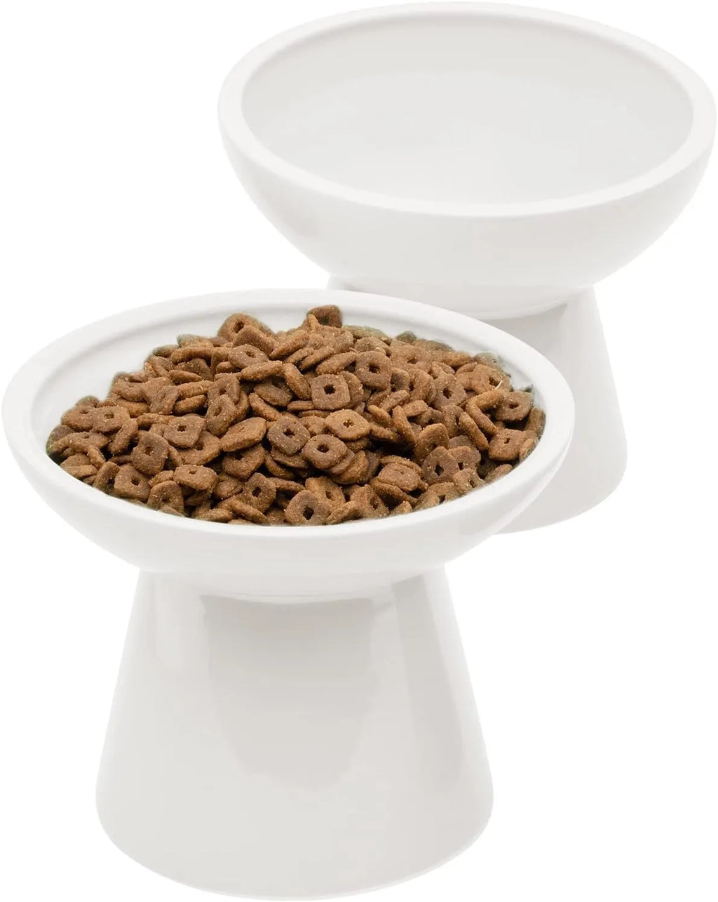 Wide shallow ceramic elevated cat food bowl in blue colour showing dimensions