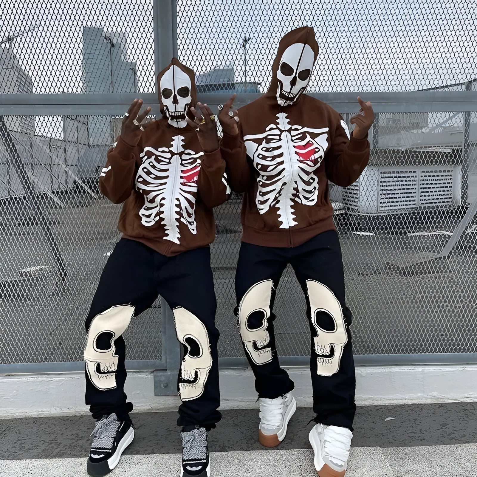Y2K Millennial crew neck skeleton sweater coat loose fit cardigan for women in black with skeleton print