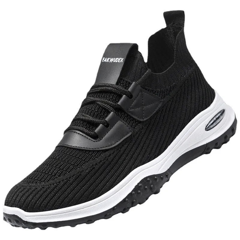 Black Flyknit low-top running shoes with mesh lining and a flat plastic sole.