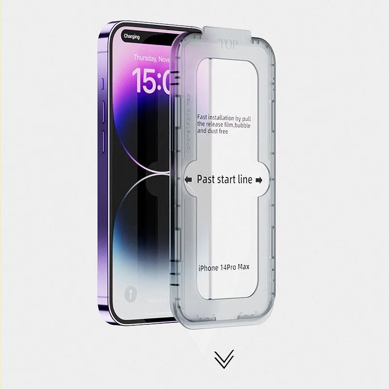 Tempered glass privacy screen protector for iPhone with application box, showing transparent HD, frosted, and peep-proof silk screen variants.