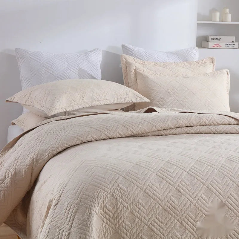 Pure cotton bed cover three-piece set showing bedspread-style design with solid colour pattern