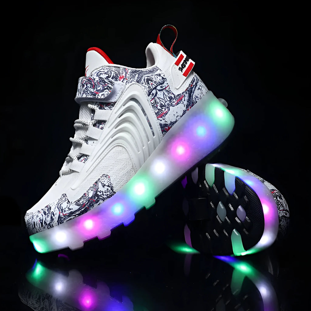Children's wheel shoes with LED light emitting charging, available in multiple colours and sizes 27-43M