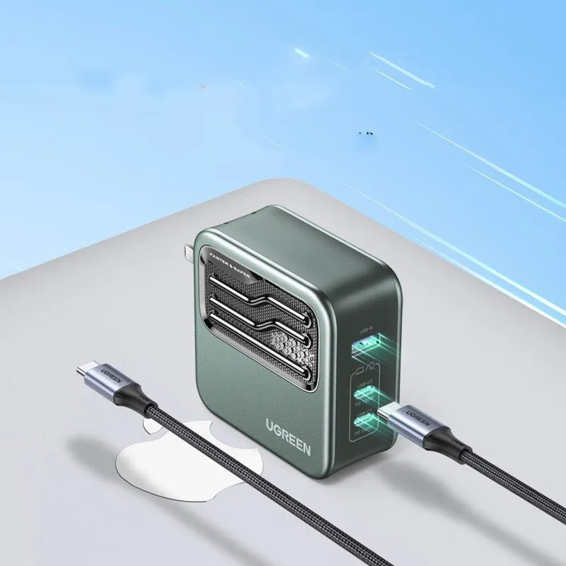 100W Gallium Nitride multi-port USB-C charger plug with attached cable on a grey background.