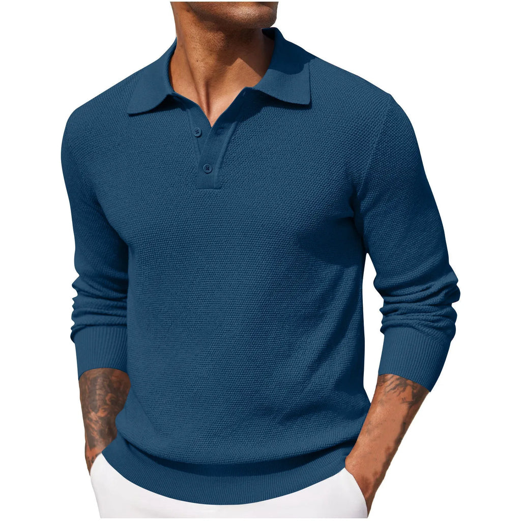 Men's solid colour long-sleeved polyester top in wine red, casual style, autumn wear