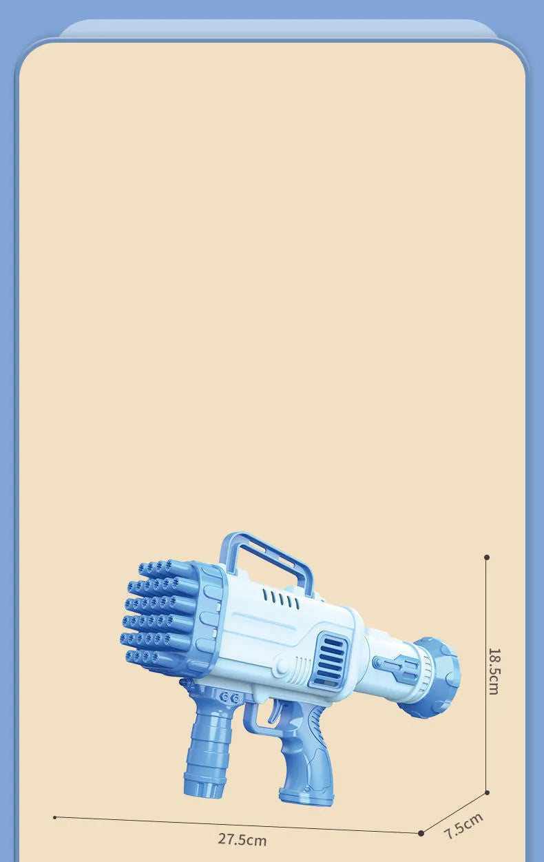 Children's electric bubble gatling gun toy with 32-hole barrel and LED lights in cherry pink colour.