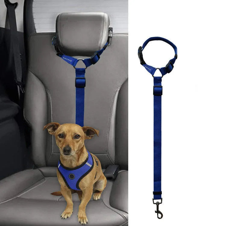 Car backseat pet leash for dogs made from polyester in nine colour options attached to a vehicle seatbelt