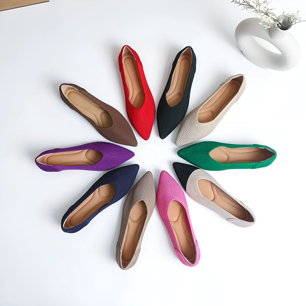 Women's apricot coloured knit flat pumps with a pointed toe and shallow mouth design on a plain background.