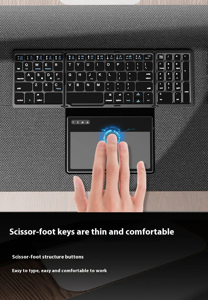 Black B055 Bluetooth folding keyboard with large touchpad and Type-C, folded and unfolded views