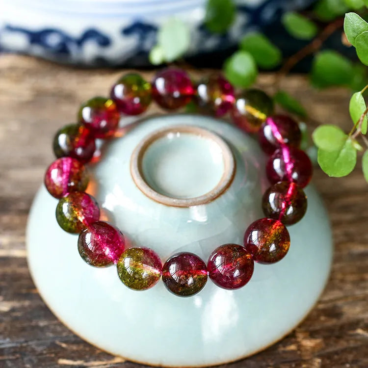 Handmade watermelon crystal bracelet showing crystal beads in pastoral casual style