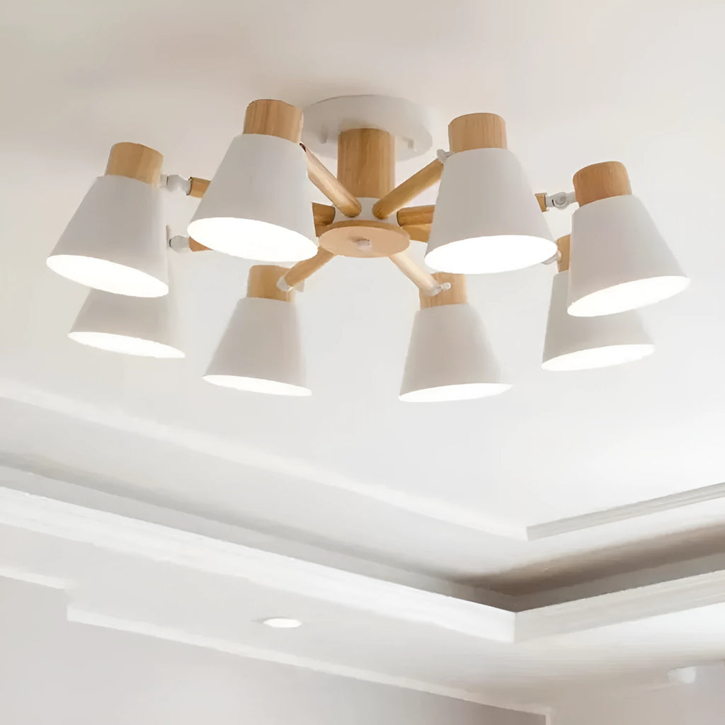 Nordic creative macaron-shaped ceiling pendant light with multiple bulbs in an ironwood frame.