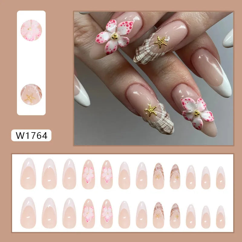 Removable false nails with floral French design and rock pattern patches in W1764 colour