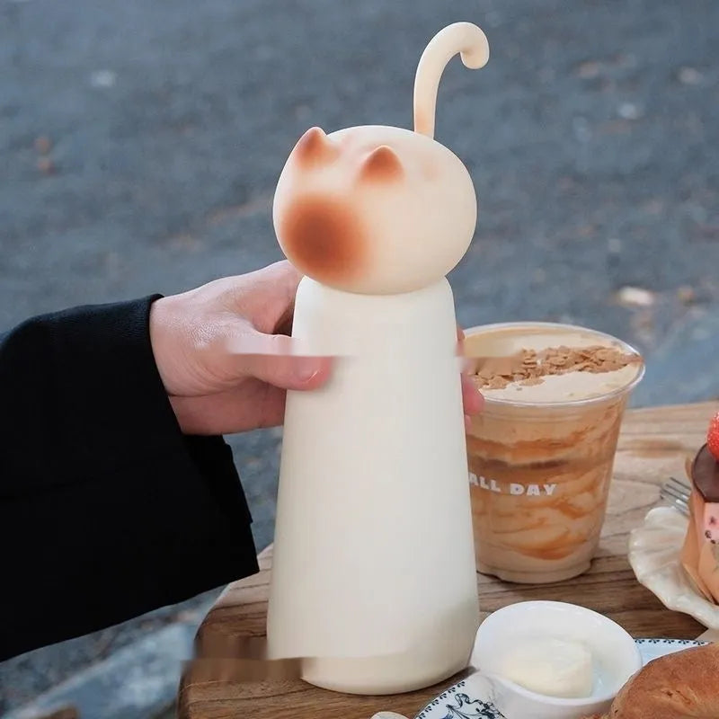 Beige cat-shaped portable thermos cup with 316 stainless steel liner and insulation for 0-6 hours