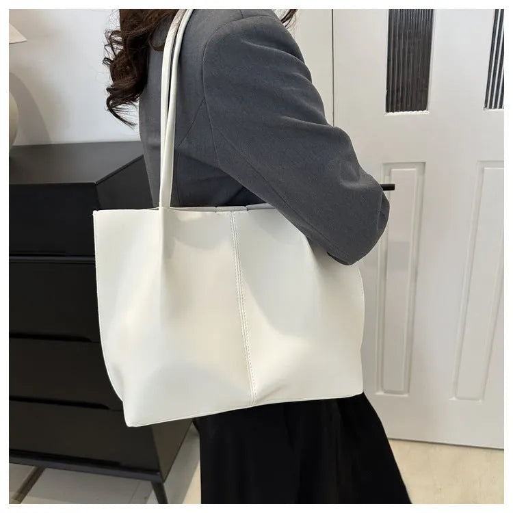 PU casual messenger bag in black, brown, white, or coffee with open pocket, bucket shape, and double shoulder straps