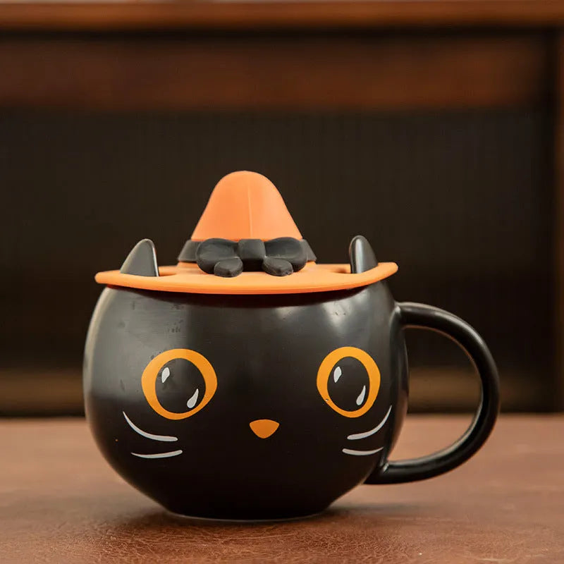 Black ceramic cat shape mug with pumpkin spoon couple decoration and 355ml capacity