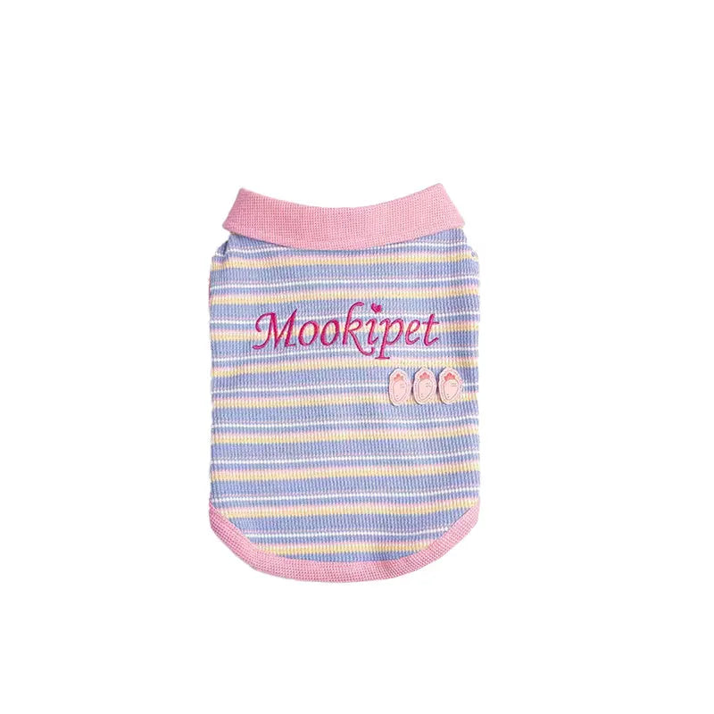 Pink purple dog vest for small breeds with buckle fastening, shown in size range from XXS to XXL.