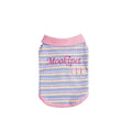 Pink purple dog vest for small breeds with buckle fastening, shown in size range from XXS to XXL.