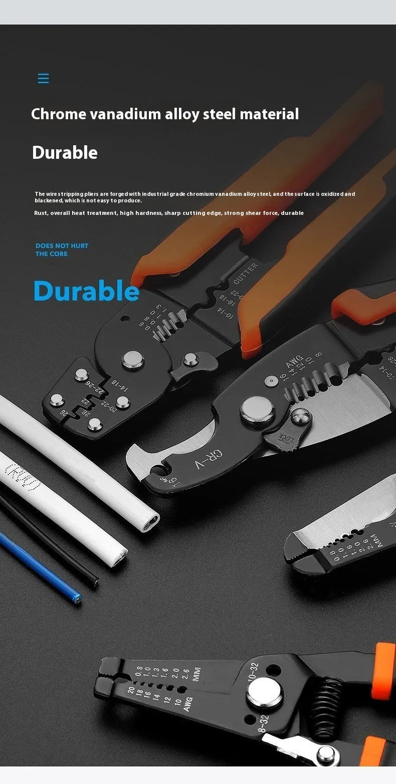 Fully automatic wire stripping pliers tool with high carbon steel blades on a workbench.