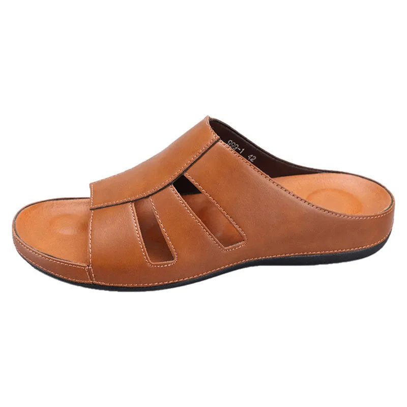 Men's PU leather flip flops in black, khaki, light brown, dark brown, and yellow brown, sizes 40 to 46
