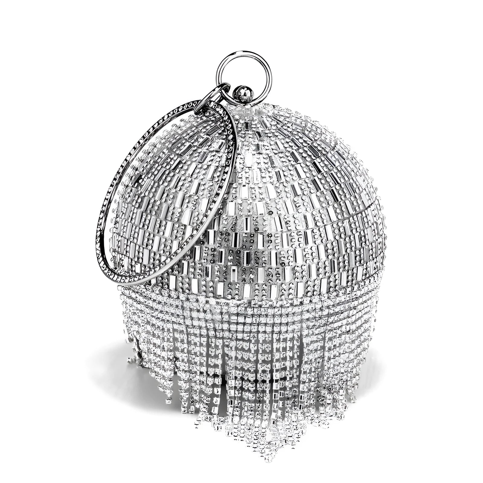 Shining rhinestone round tassel dinner bag in silver with three-dimensional outer pocket