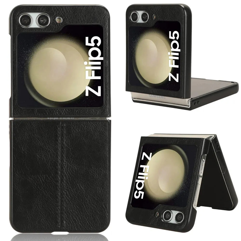 Leather grain foldable screen phone case for Samsung Z Flip 5 in black with stitched PU PC construction