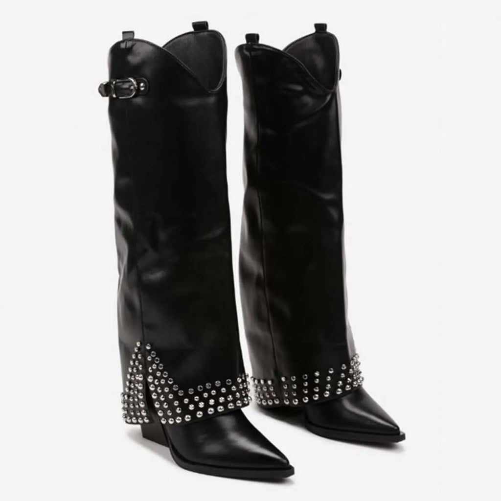 Women's black frosted rivet pantyhose boots with a suede leather upper and rubber sole.