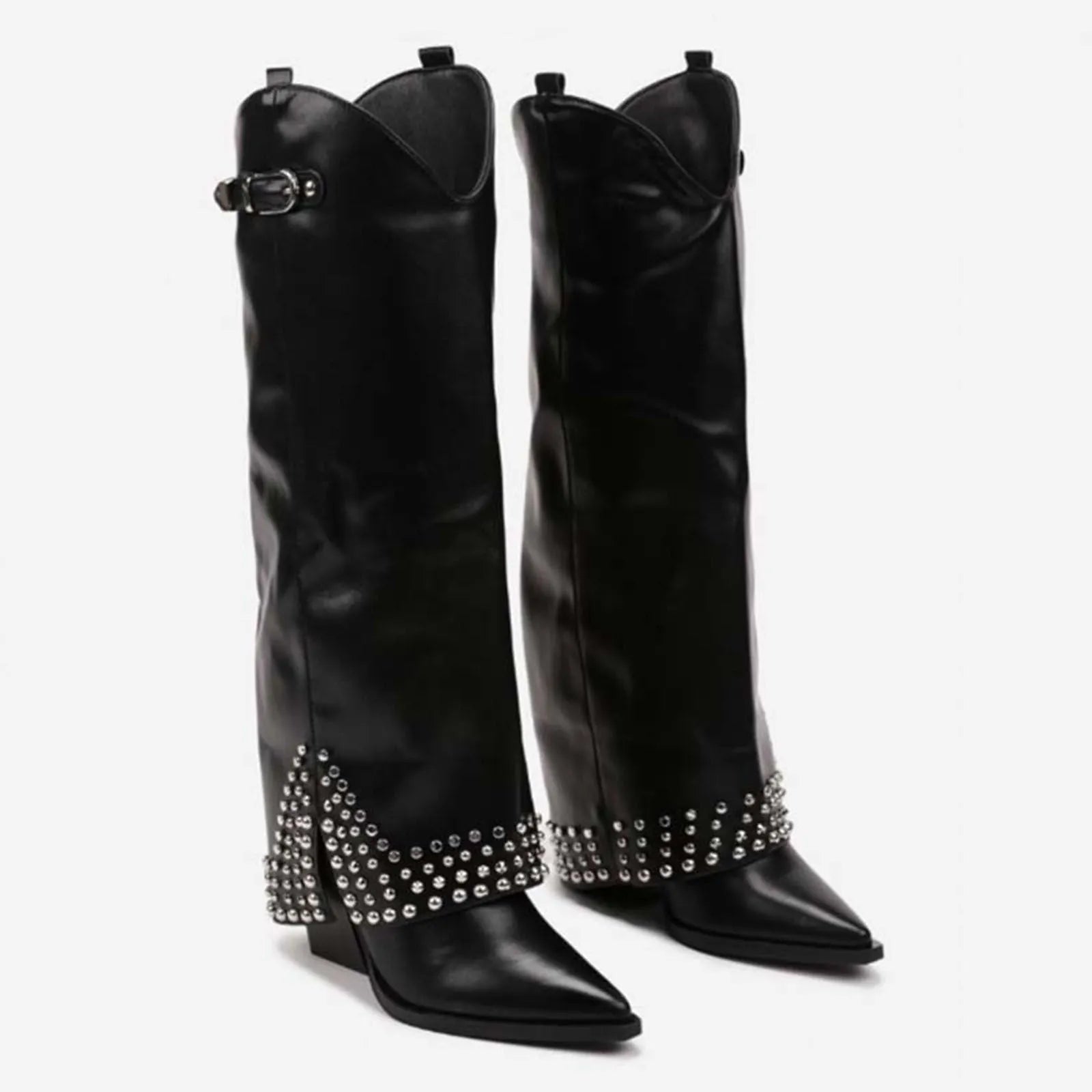 Women's black frosted rivet pantyhose boots with a suede leather upper and rubber sole.