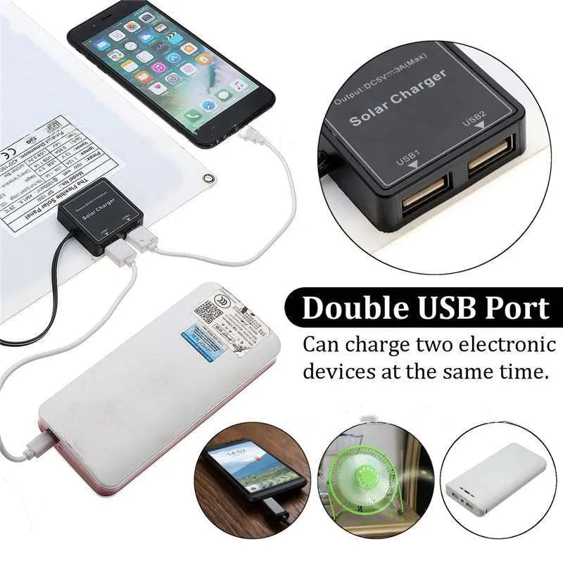 Portable solar charging panel with dual USB ports for outdoor phone and tablet charging.