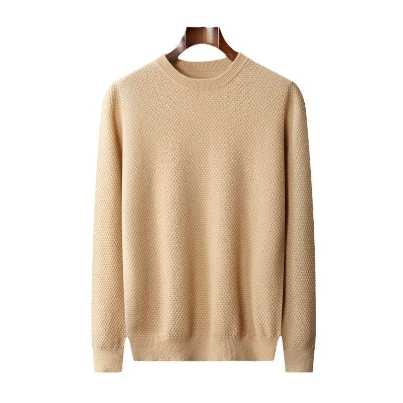 Men's autumn winter round neck pineapple stitch sweater in camel colour, pullover style for casual wear