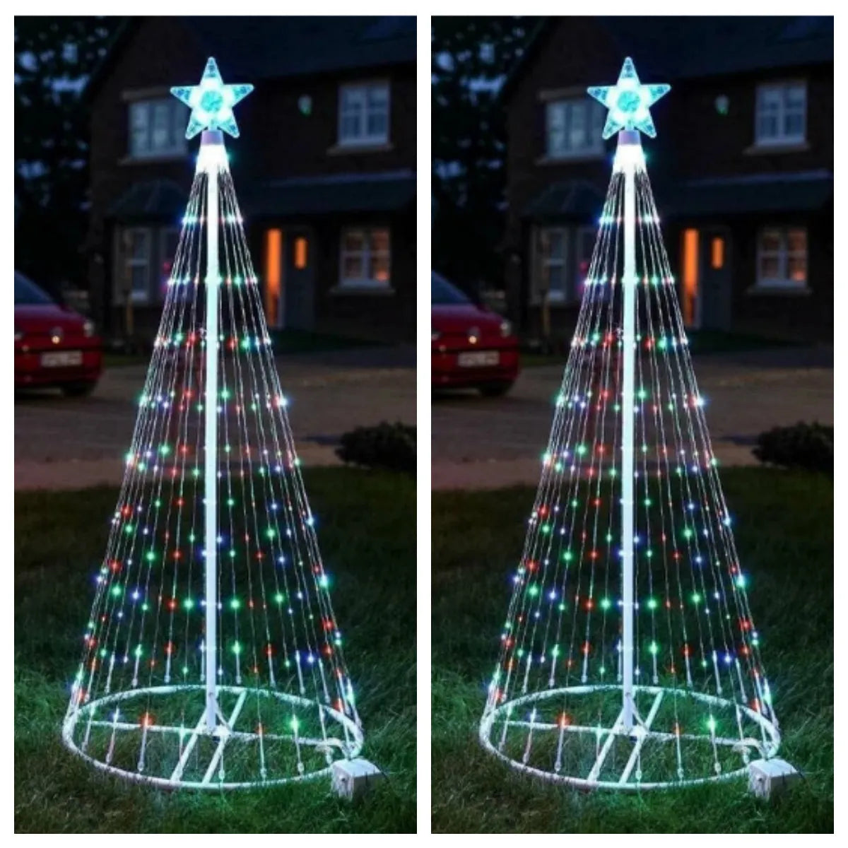 Multi-colour LED animated outdoor Christmas tree lights wrapped around a garden tree branch.