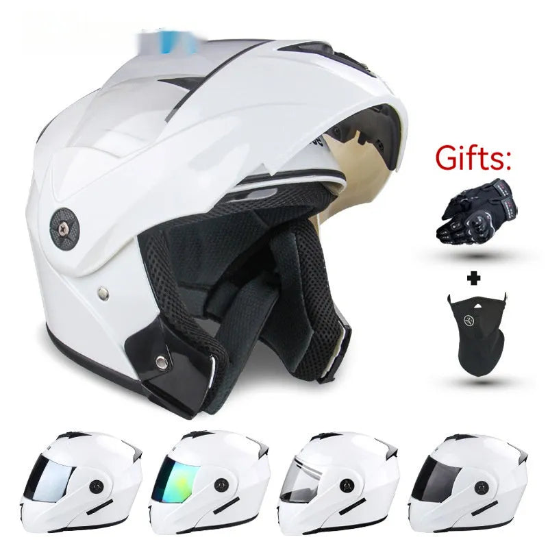 Electric motorcycle helmet with double lens design and exposed styling in various colour options