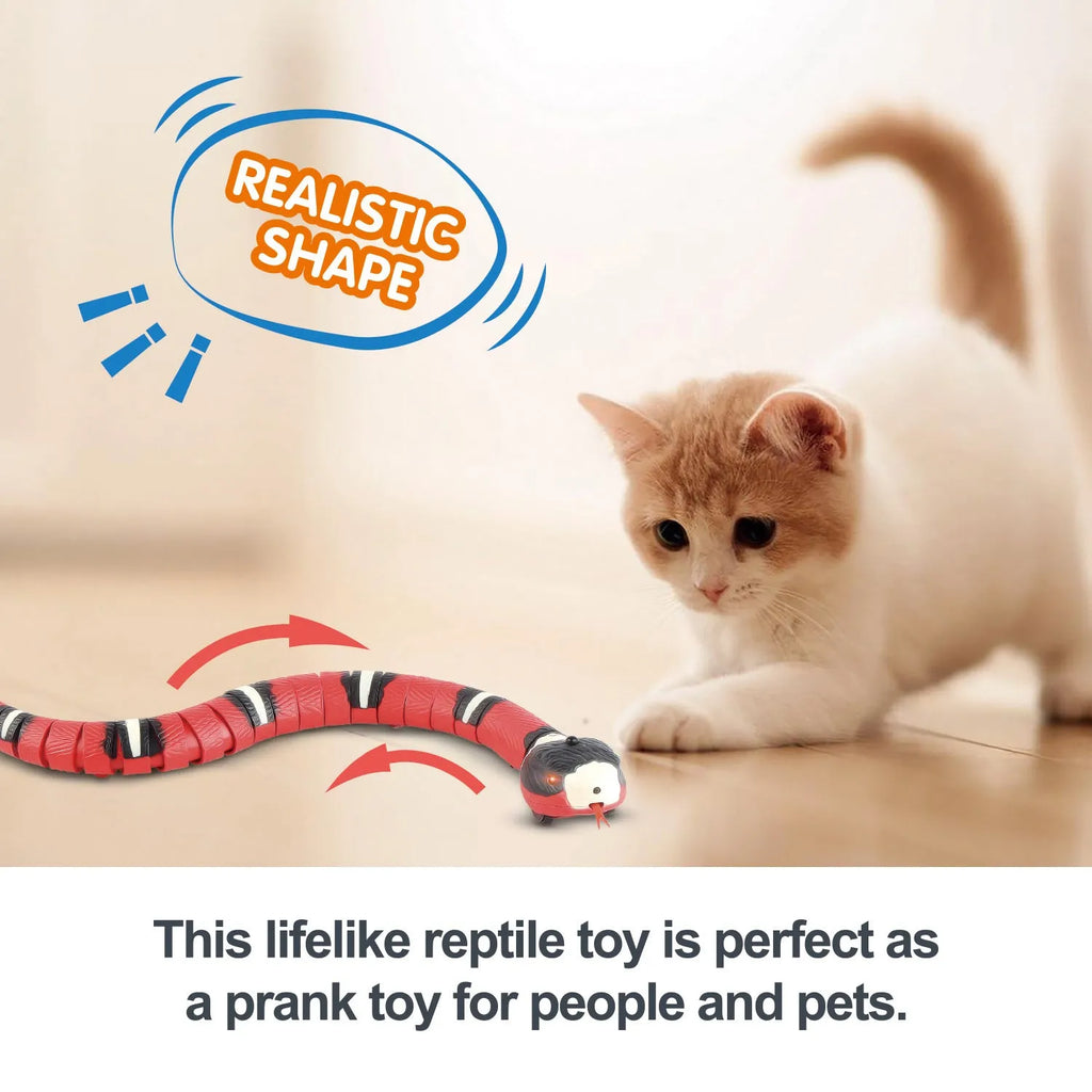 Smart sensing interactive electronic snake cat toy with textured plastic body on a floor