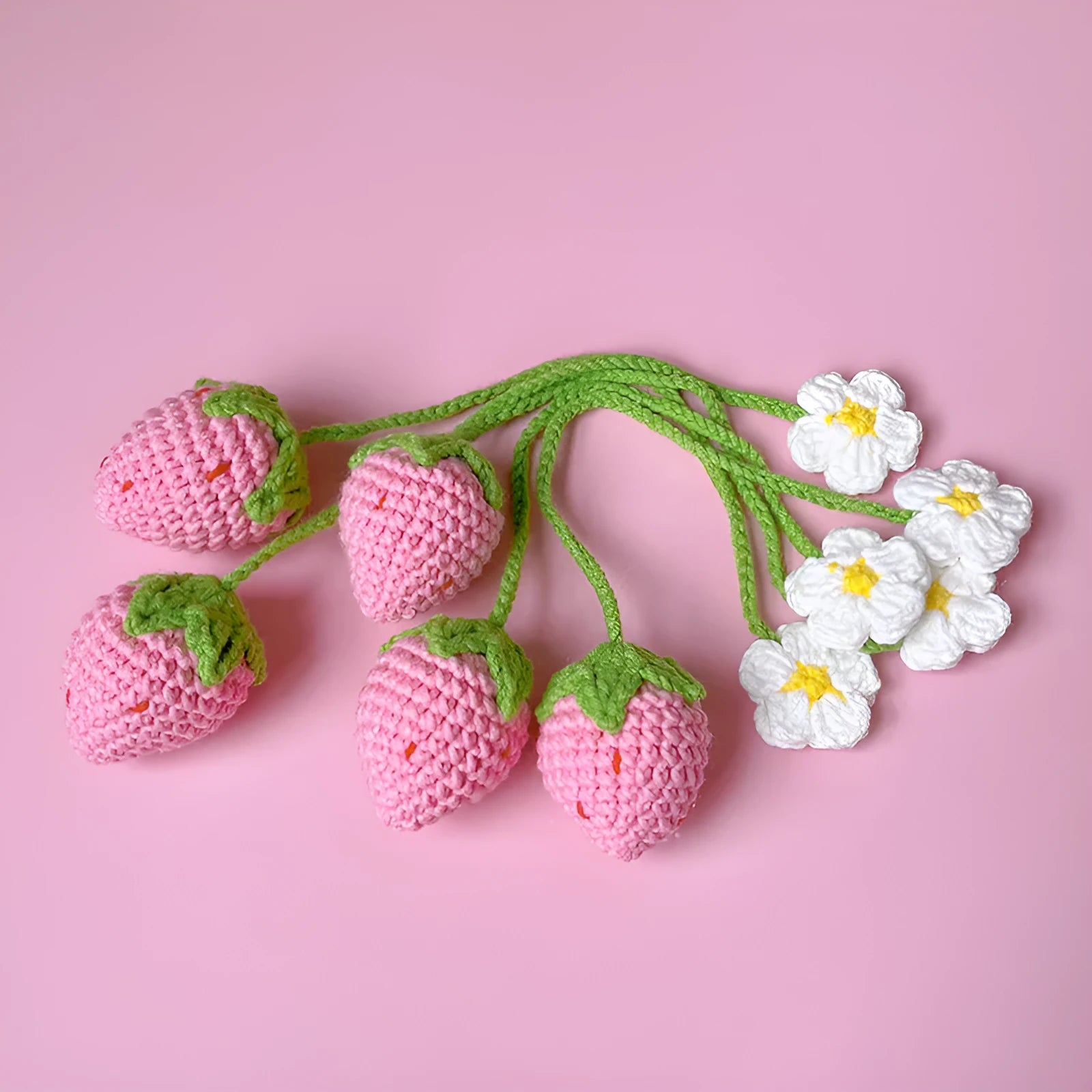 Wool crochet woven strawberry pendant necklace with 35cm length in pink or red