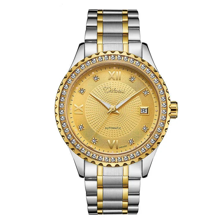 Fashionmonger men's automatic mechanical watch with a gold case and black dial, showing luminous hands.