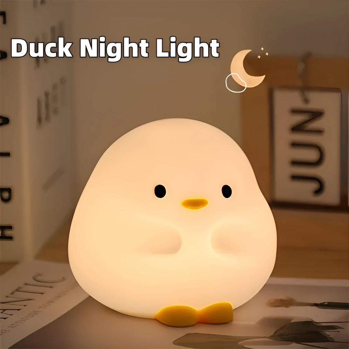 Cute duck LED night lamp in silicone with USB charging, touch sensor, and 125mm x 105mm x 110mm size