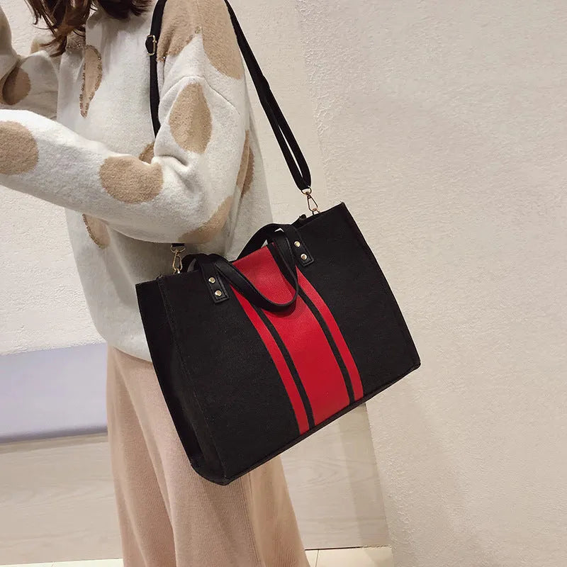 Canvas business commuting tote bag for women, horizontal square shape, black and white geometric stripe pattern