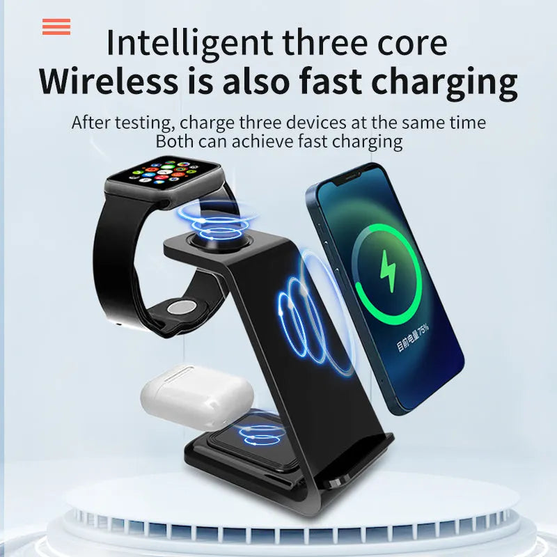 White 3-in-1 wireless charger with upright phone holder on a desk, showing Type-C port and dual-coil charging pad.