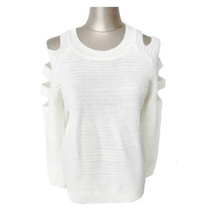 Women's white knitted shirt with hollow-out crochet patterns and round neck