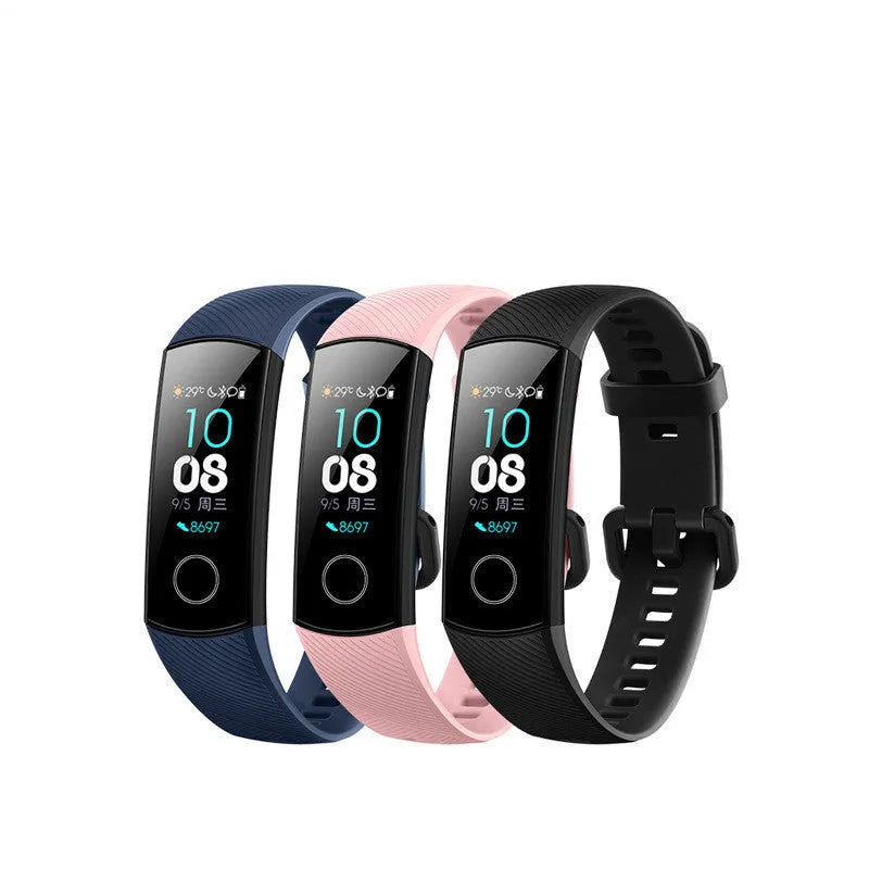 50m waterproof heart rate sleep bracelet with silicone strap in black, blue, and pink colours