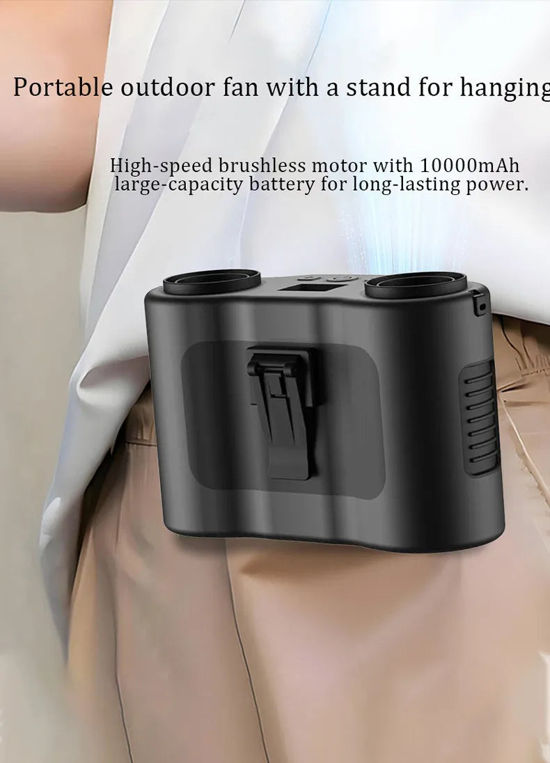 Black 2025 model waist-hung personal fan with waist buckle and neck lanyard for outdoor use.