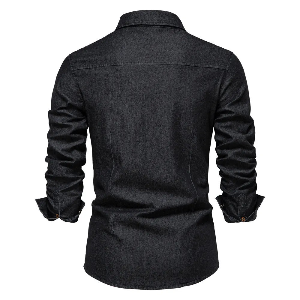 Men's slim fit cotton denim shirt in solid colours with button front and long sleeves