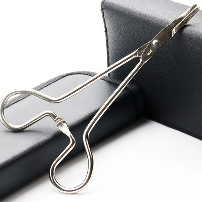 Silver stainless steel pet grooming tweezers for ear hair removal and cleaning, showing curved and straight tip designs.