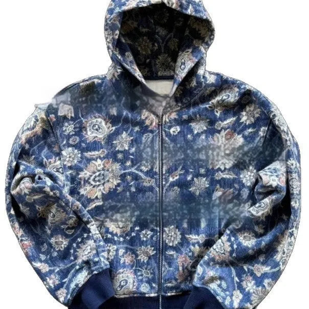 Men's red polyester hooded zip coat with loose fit and digital printing detail