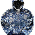 Men's red polyester hooded zip coat with loose fit and digital printing detail