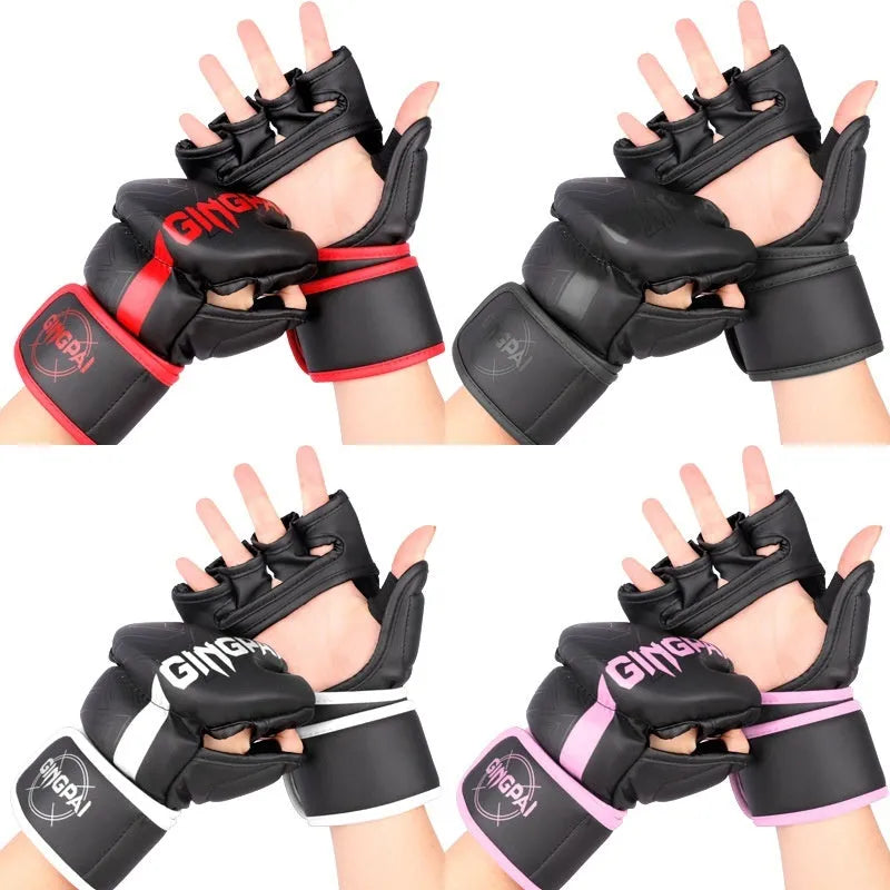 Sanda training gloves in black with breathable PU construction for combat sandbag practice