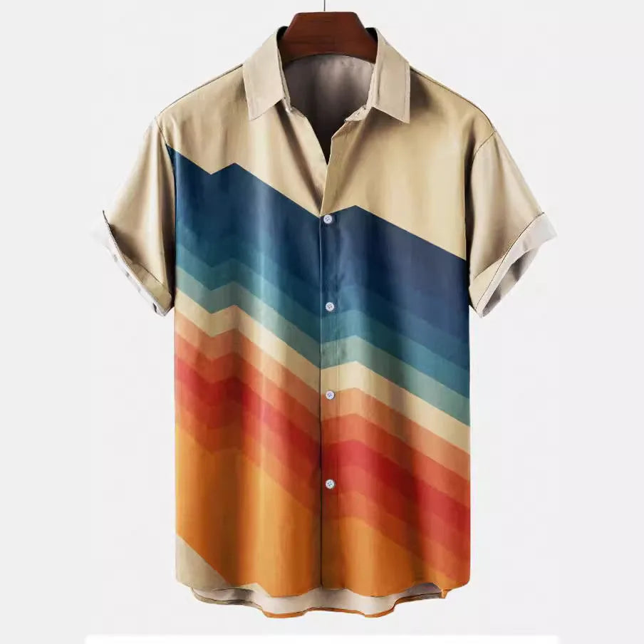 Man modelling a loose-fit plus size casual shirt with a 3D digital print design.